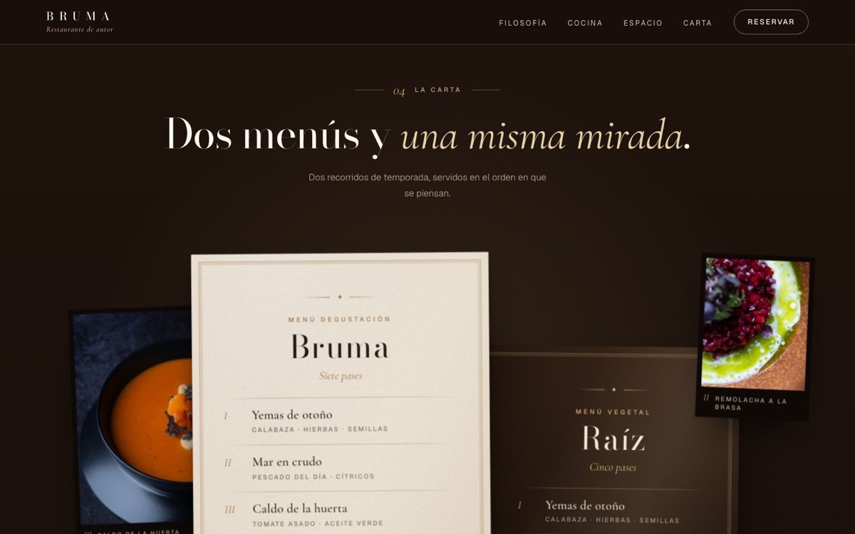 La carta de Bruma, restaurante ficticio: dos menús presentados como hojas de papel con fotografías de platos.